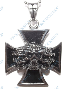 ocelový přívěsek na krk Maltézský kříž s lebkama