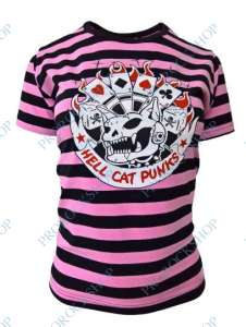 dámské triko Hell Cat Punks - růžové pruhy